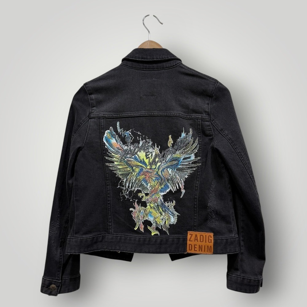 Zadig & Voltaire Y2K Kioky Grunge Black‎ Denim Jacket Rhinestone Eagle XS